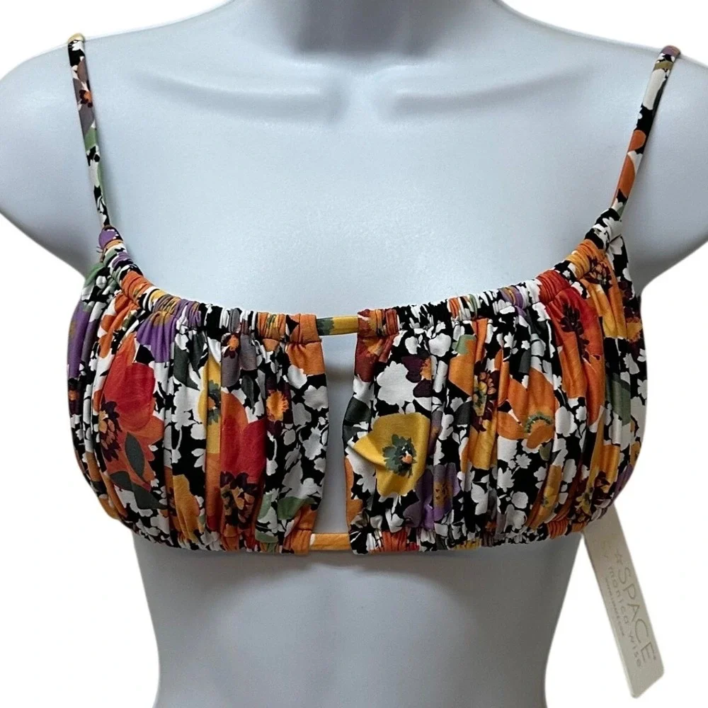 L*Space Monica Anthropologie Floral Ruched Keyhole Bikini Top Orange Purple M